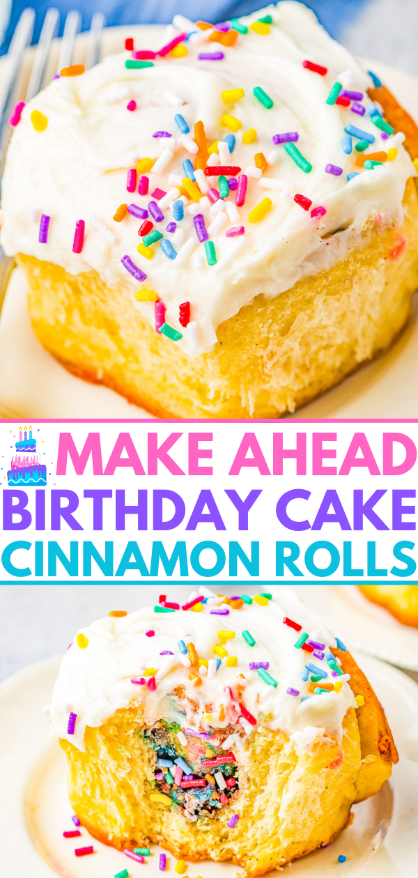 Birthday Cake Cinnamon Rolls - The softest, fluffiest, most tender cinnamon rolls stuffed with cinnamon-and-sugar and rainbow sprinkles! Topped with tangy cream cheese frosting and more sprinkles! The recipe is EASY to follow even if you've never made cinnamon rolls and there's a MAKE AHEAD overnight option! 
