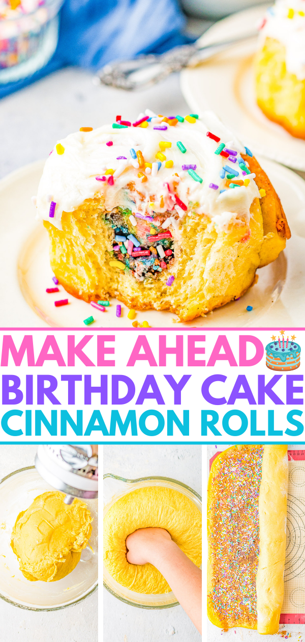 Birthday Cake Cinnamon Rolls - The softest, fluffiest, most tender cinnamon rolls stuffed with cinnamon-and-sugar and rainbow sprinkles! Topped with tangy cream cheese frosting and more sprinkles! The recipe is EASY to follow even if you've never made cinnamon rolls and there's a MAKE AHEAD overnight option! 