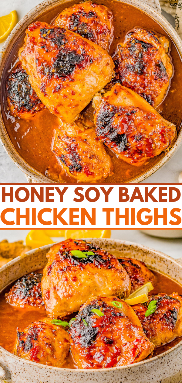 Honey Soy Baked Chicken Thighs - The chicken marinates in the most delectable mixture of soy sauce, honey, garlic, ginger, and more. The resulting baked chicken is SO tender, juicy, moist, and loaded with Asian-inspired flavors! Even better, this is a one-pan, EASY recipe the whole family will adore! 