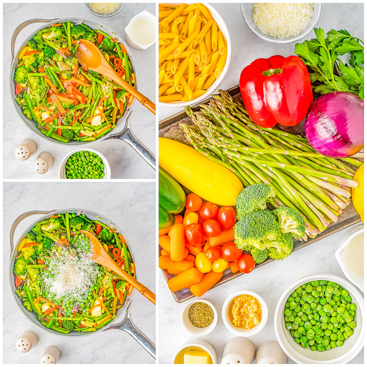 Pasta Primavera - An EASY pasta recipe that's chock full of brightly colored and lightly sautéed vegetables, penne pasta, and tossed in a light lemon cream sauce with Parmesan cheese! Great for busy weeknights when you need to get a family-approved dinner on the table quickly and you can sneak in lots of veggies!