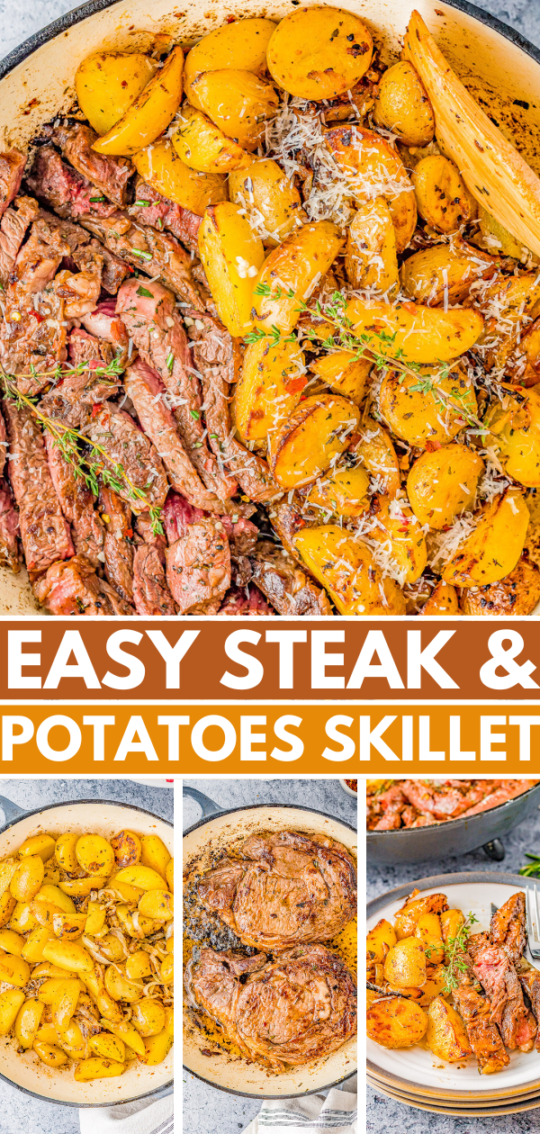 Steak and Potatoes Skillet - Made with garlic butter, herbs and spices, these juicy steak bites just melt in your mouth! Plus there are buttery and tender potatoes with lightly crisped edges. Made in just ONE skillet and ready quickly, my EASY recipe walks you through how to make the PERFECT steak and potatoes meal! 