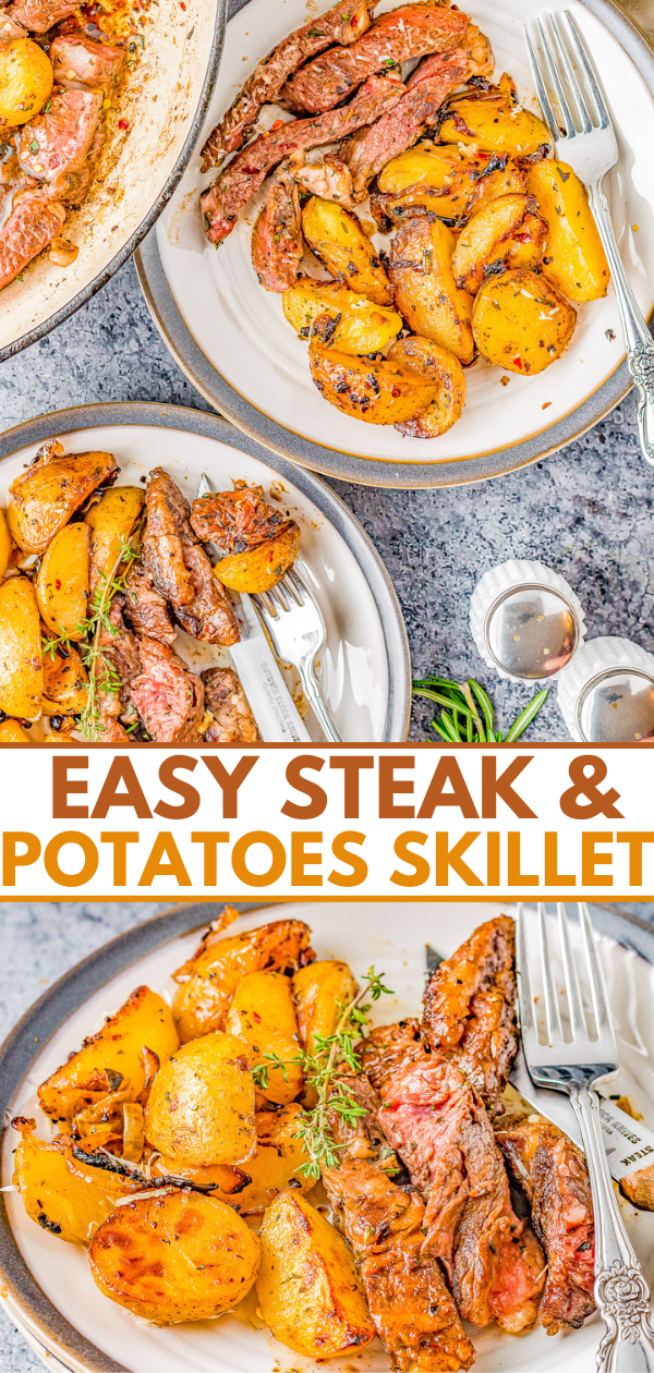 Steak and Potatoes Skillet - Made with garlic butter, herbs and spices, these juicy steak bites just melt in your mouth! Plus there are buttery and tender potatoes with lightly crisped edges. Made in just ONE skillet and ready quickly, my EASY recipe walks you through how to make the PERFECT steak and potatoes meal! 
