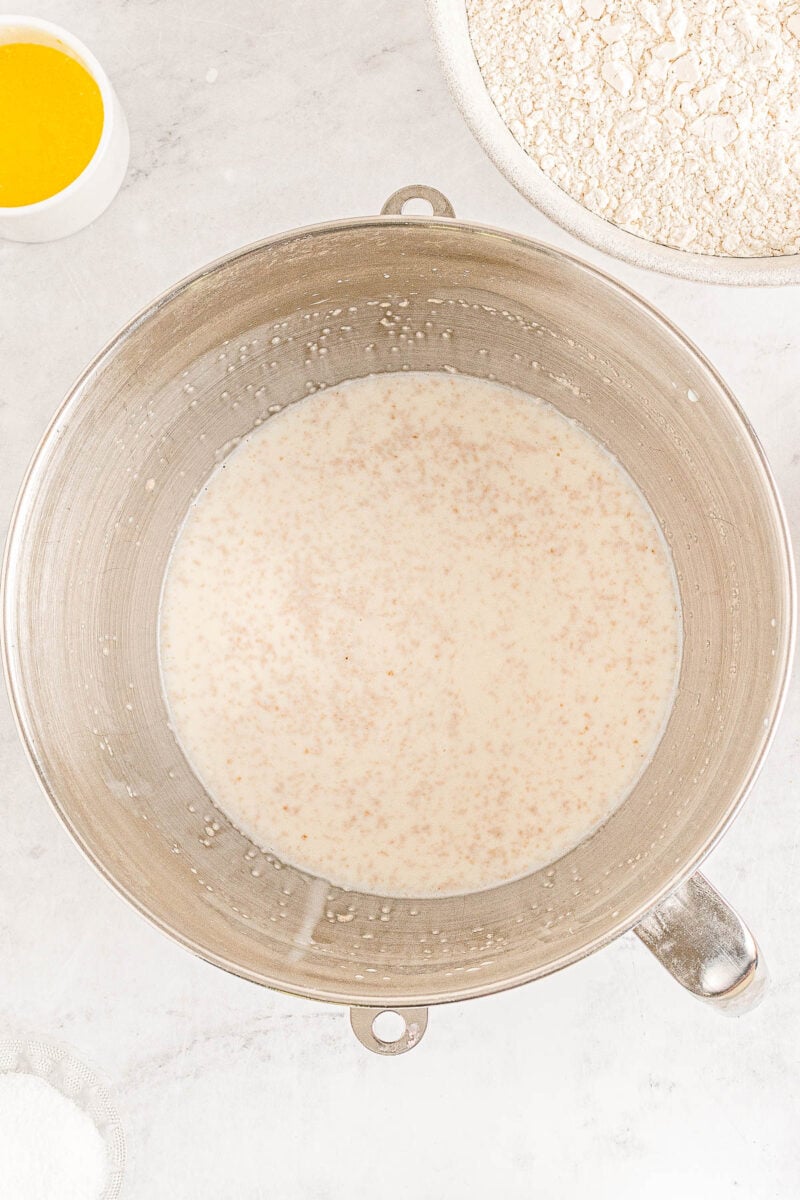 Yeast being activated in a bowl.