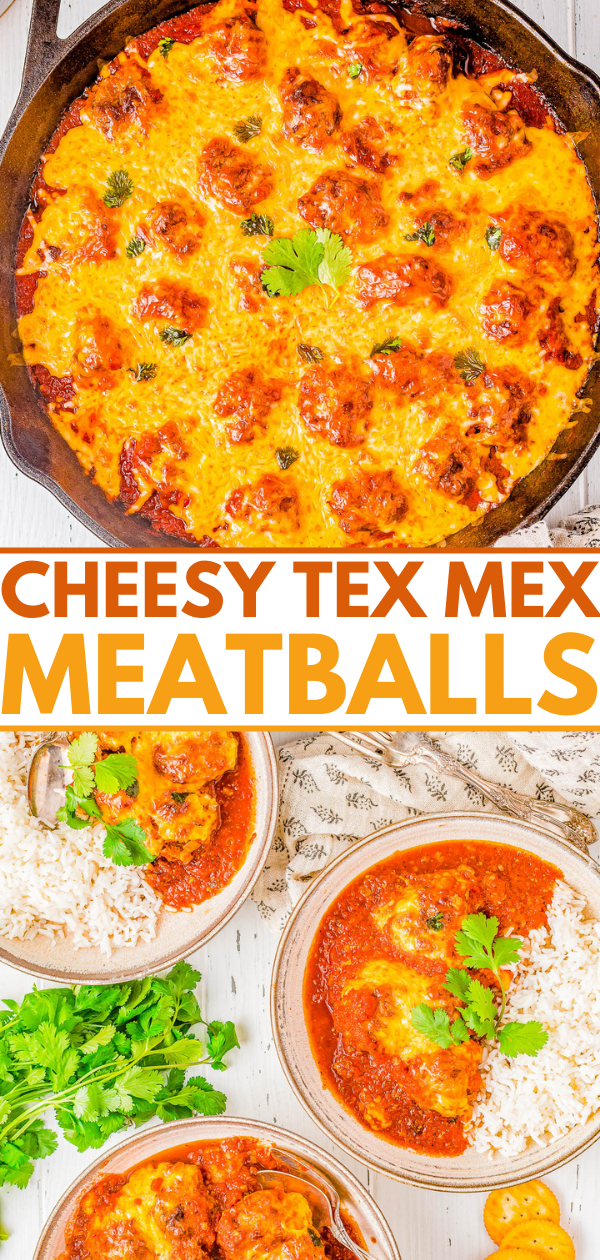 Tex Mex Meatballs - Tender, juicy homemade beef and pork meatballs with just the right amount of spicy kick! Simmered in chipotle enchilada sauce and smothered with melted cheese, this EASY meatball recipe will become a weeknight family dinner favorite. Or make them as a game day or party appetizer recipe! 