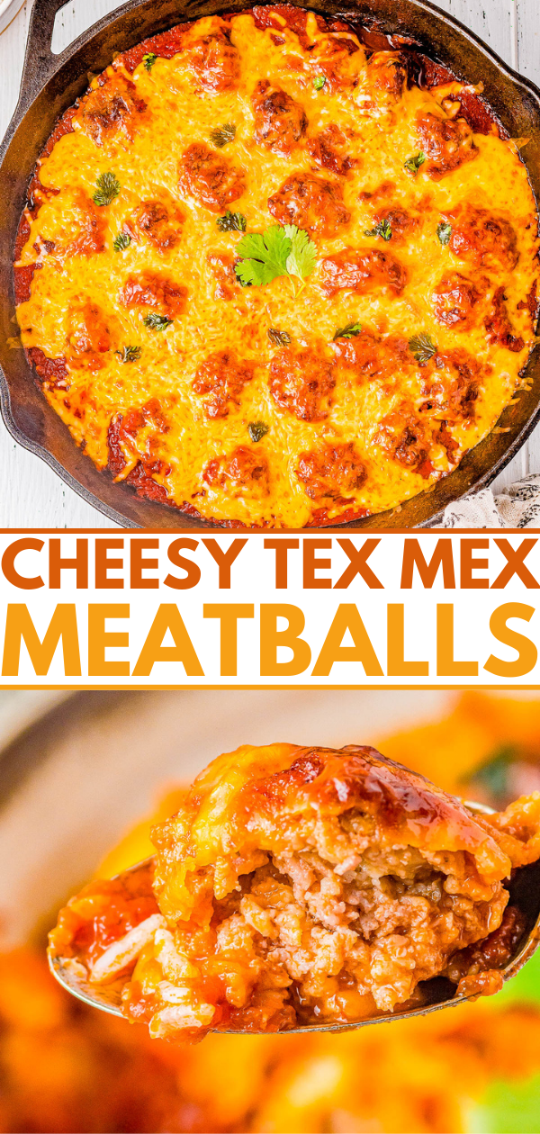 Tex Mex Meatballs - Tender, juicy homemade beef and pork meatballs with just the right amount of spicy kick! Simmered in chipotle enchilada sauce and smothered with melted cheese, this EASY meatball recipe will become a weeknight family dinner favorite. Or make them as a game day or party appetizer recipe! 