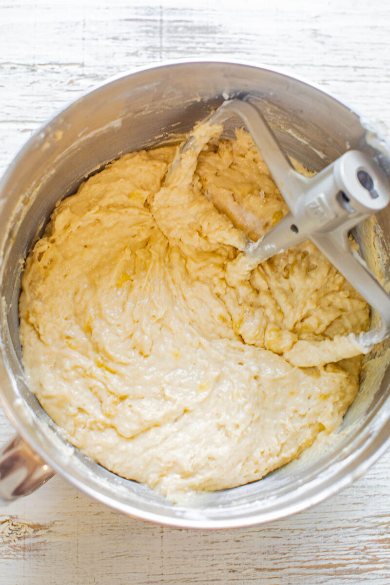 Best Banana Cake batter in the bowl of a stand mixer.