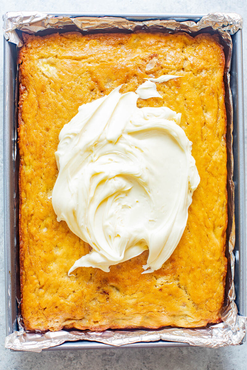 Banana Cake with Cream Cheese Frosting piled in the center.