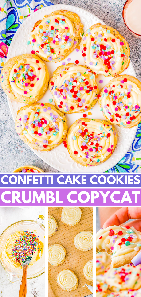 Confetti Cake Cookies (Crumbl Cookie Copycat Recipe) - Jumbo, super soft, slightly chewy cake mix cookies that are a PERFECT COPYCAT of the famous Crumbl Cookies! Loaded with rainbow and confetti sprinkles, and topped with vanilla cream cheese frosting, these are a dead ringer for the real thing! 