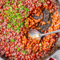 Dr Pepper Baked Beans - Not just any baked beans, these EASY baked beans with bacon, onions and peppers, also have Dr Pepper to give them FANTASTIC depth of flavor! Sweet-and-tangy, savory, hearty, and your NEW favorite baked beans recipe! Great side dish to serve at backyard barbecues, summer holidays, tailgating and game day parties, or anytime you need a comfort food recipe!