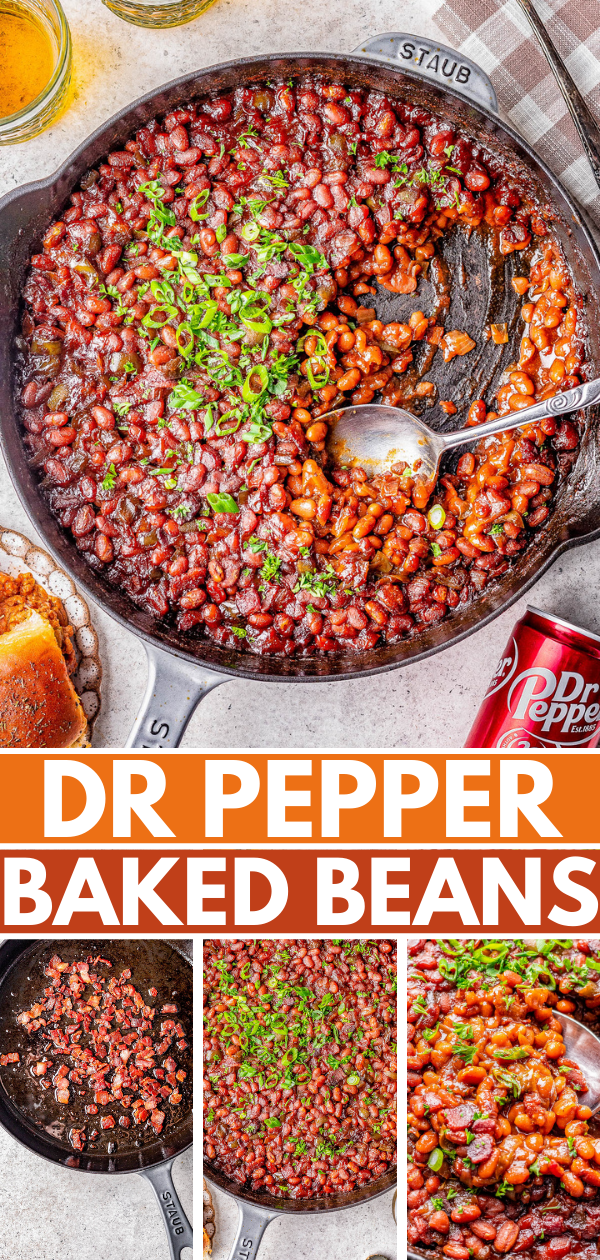 Dr Pepper Baked Beans - Not just any baked beans, these EASY baked beans with bacon, onions and peppers, also have Dr Pepper to give them FANTASTIC depth of flavor! Sweet-and-tangy, savory, hearty, and your NEW favorite baked beans recipe! Great side dish to serve at backyard barbecues, summer holidays, tailgating and game day parties, or anytime you need a comfort food recipe!