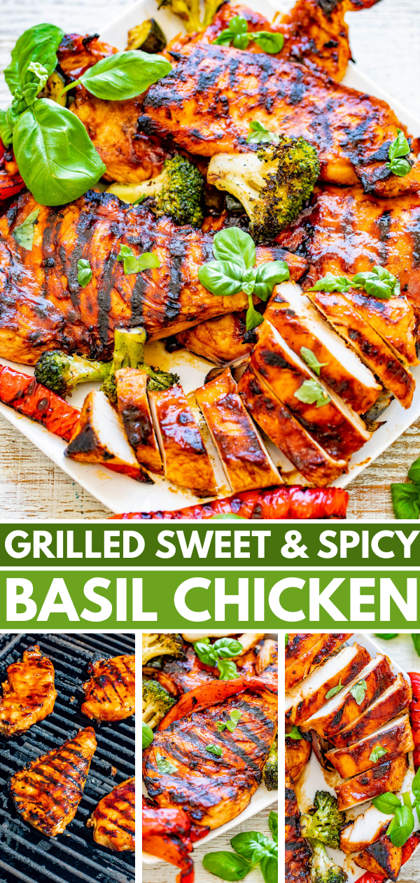 Grilled Sweet and Spicy Basil Chicken - EASY, amazing, PERFECTLY grilled chicken that's sweet-and-spicy with tons of FRESH basil flavor! Learn how to make the BEST grilled chicken and serve it with a side of lightly charred grilled vegetables! Perfect for summer barbecues, picnics, potlucks, and grilling season! 