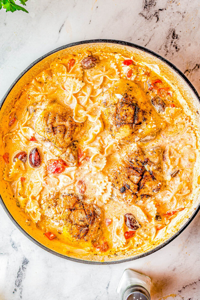 Mediterranean Chicken Feta Pasta Bake - Averie Cooks