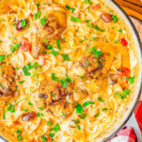 Mediterranean Baked Crispy Chicken and Pasta in a Dutch oven.