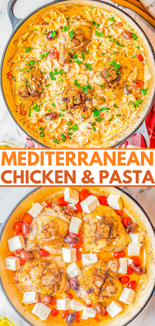 Mediterranean Baked Crispy Chicken and Pasta - Depth of flavor galore in this juicy baked chicken with crispy skin and tender pasta! The sauce is a mixture of melted feta cheese and crushed tomatoes, red peppers, kalamata olives, white wine, garlic, and more! You'll be sure to IMPRESS everyone with this next-level tasting recipe that's EASY to make!