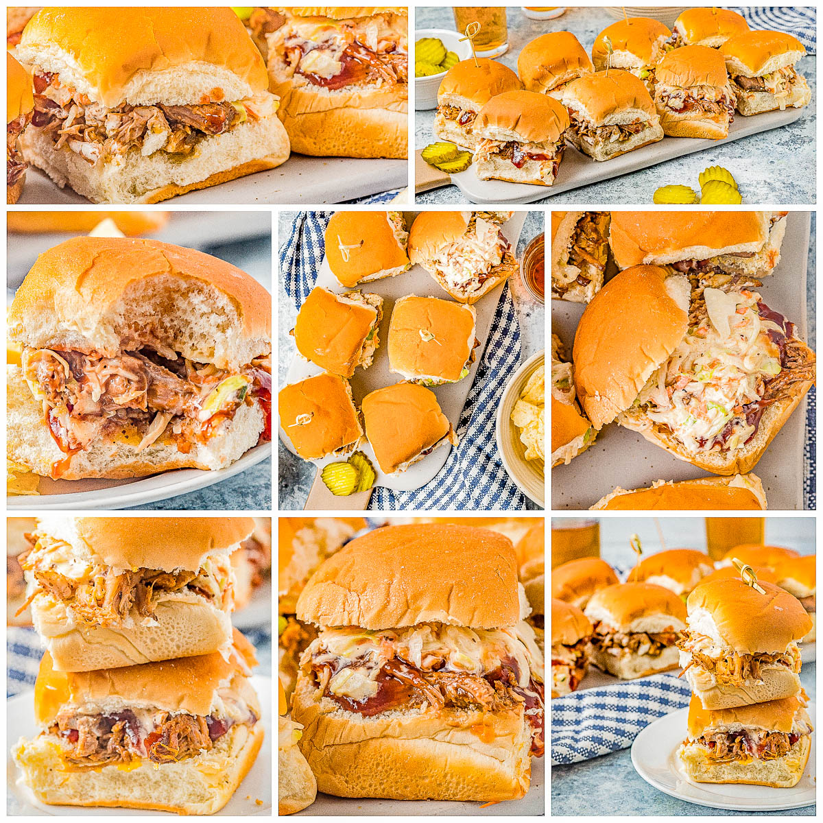Easy Pulled Pork Sliders - Moist and tender pulled pork, topped with barbecue sauce and coleslaw, and sandwiched between soft Hawaiian rolls! Everyone LOVES these EASY juicy sliders that are finger lickin' good! PERFECT for game days, casual entertaining, backyard barbecues, graduation and Father's Day celebrations.