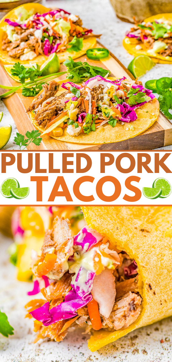 Pulled Pork Tacos - The BEST pulled pork tacos made with slow cooker pulled pork, nestled in tortillas, and then topped in abundance with Cilantro Lime Slaw, Pickled Red Onions, and Avocado Crema! Learn how to make these Mexican-inspired classic recipes at home! Easy enough for weeknights but also great for events, game day parties, get-togethers like Cinco de Mayo fiestas or graduation parties! 