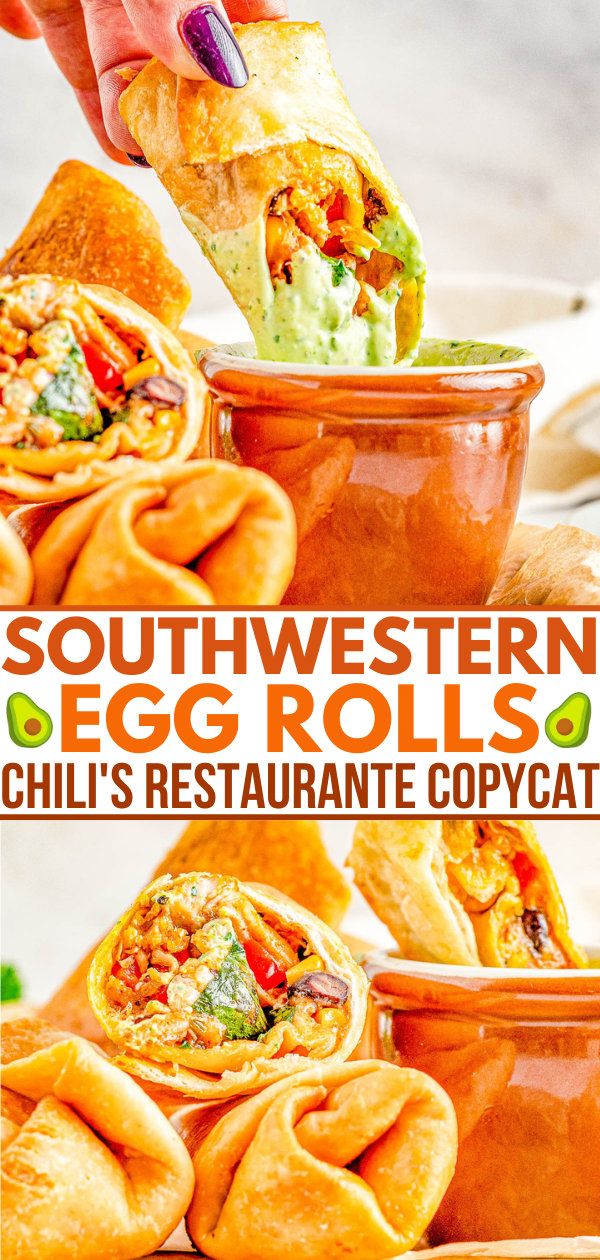 Southwestern Egg Rolls - Juicy chicken, melted Pepper Jack cheese, black beans, bell peppers, and corn seasoned with southwest-inspired seasonings and fried to crispy PERFECTION! You can fry, air fry, or bake these EASY egg rolls which are a Chili's Restaurant copycat. The quick creamy mashed avocado ranch dipping sauce is the perfect final touch! 