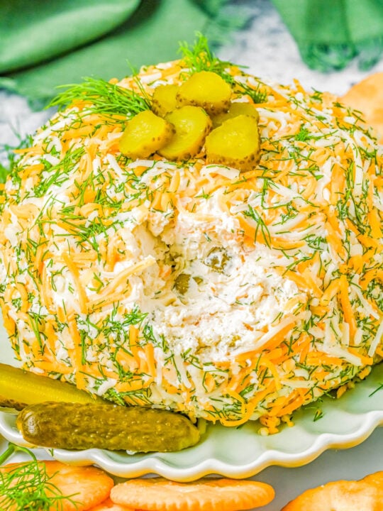 Dill Pickle Cheese Ball - Calling all dill pickle fans, this super EASY appetizer recipe is creamy, cheesy and chock full of dill pickles, dill pickle relish, and plenty of fresh dill! When you're looking for a fan FAVORITE recipe to serve at your next holiday party or event, backyard barbecue, picnic, or potluck, put this quick and simple recipe on the list!