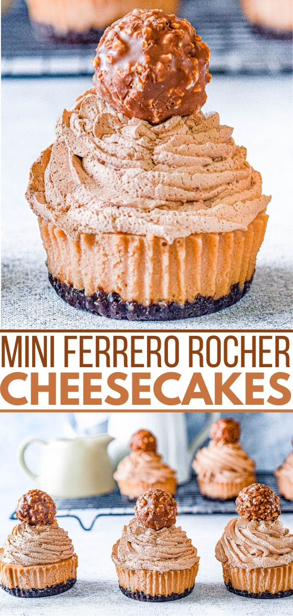 Mini Ferrero Rocher Cheesecakes - If you like Nutella, you're going to LOVE these mini chocolate cheesecakes! With a buttery Oreo crust, a creamy decadent hazelnut filling, and topped with chocolate whipped cream, these EASY Oreo Ferrero Rocher mini cheesecakes are a must-try dessert! They're indulgent and can be made ahead of time for holidays, dinner parties, or special occasions when you need a show-stopping dessert!
