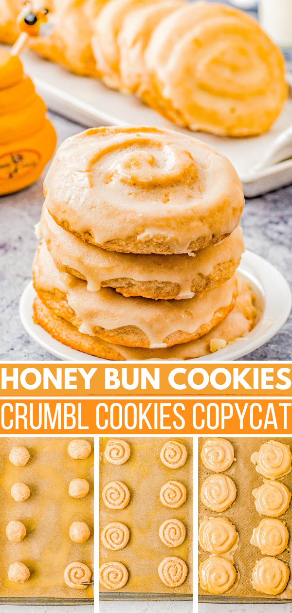 Honey Bun Cookies (Crumbl Cookies Copycat) - Soft and chewy with a warm buttery cinnamon flavor, these cookies resemble a classic Honey Bun with their fun swirl on top! The sweet honey glaze makes them IRRESISTIBLE! This EASY Crumbl Cookies copycat recipe will become a family FAVORITE!