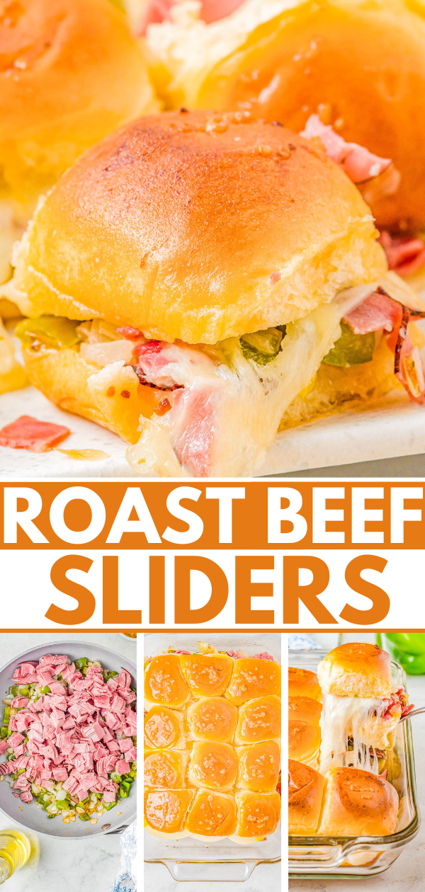Roast Beef Sliders - Tender roast beef is mixed with sauteed green peppers and onions, piled into soft Hawaiian rolls, topped with Provolone cheese, and brushed with butter and garlic before baking! These juicy sliders are fast, EASY, and perfect for Father's Day, backyard barbecues, potlucks, game day events, or anytime you need a great comfort food recipe!