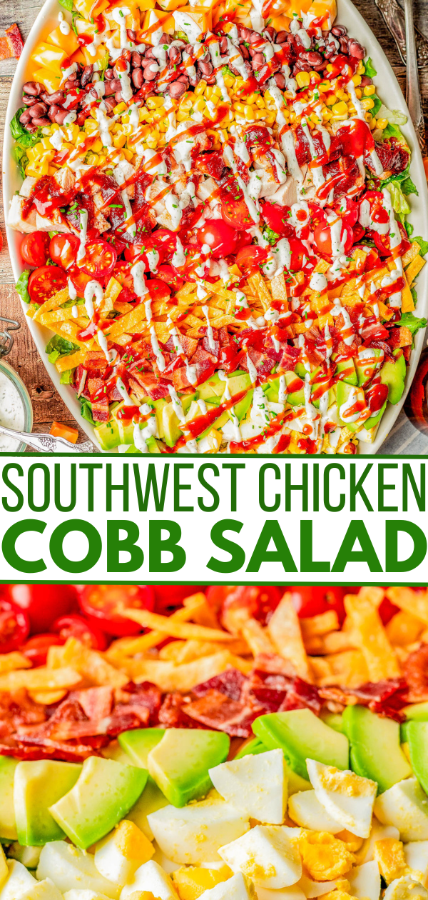 Southwest Chicken Cobb Salad - A Southwestern spin on traditional Cobb salad complete with tender chicken, crispy bacon, cheese, hard-boiled eggs, tomatoes, black beans, corn, and avocado over a bed of Romaine lettuce! Topped with barbecue sauce and Ranch, there's so much FLAVOR and TEXTURE galore in every bite of this crispy, crunchy, EASY salad!