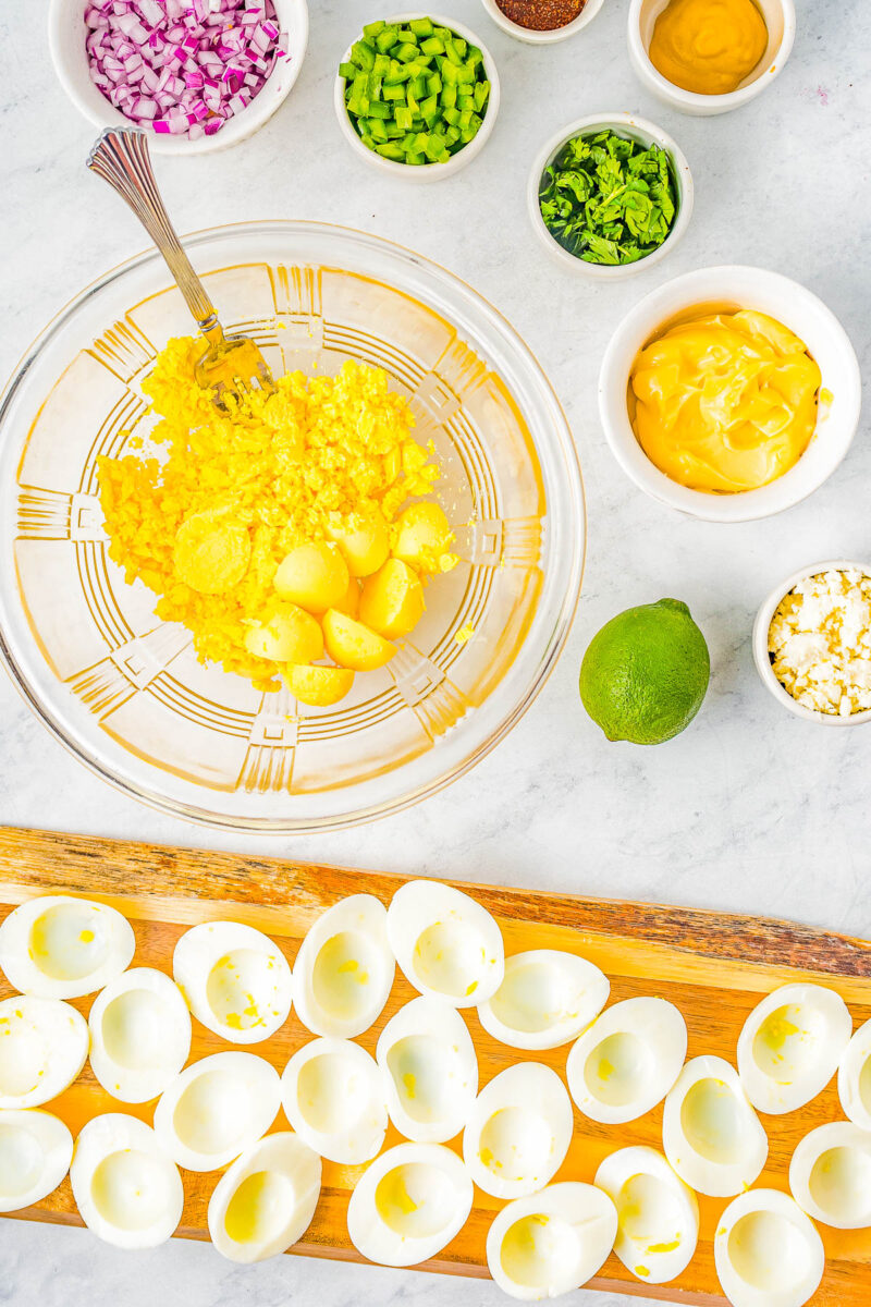 Mexican Street Corn Deviled Eggs filling in a bowl.