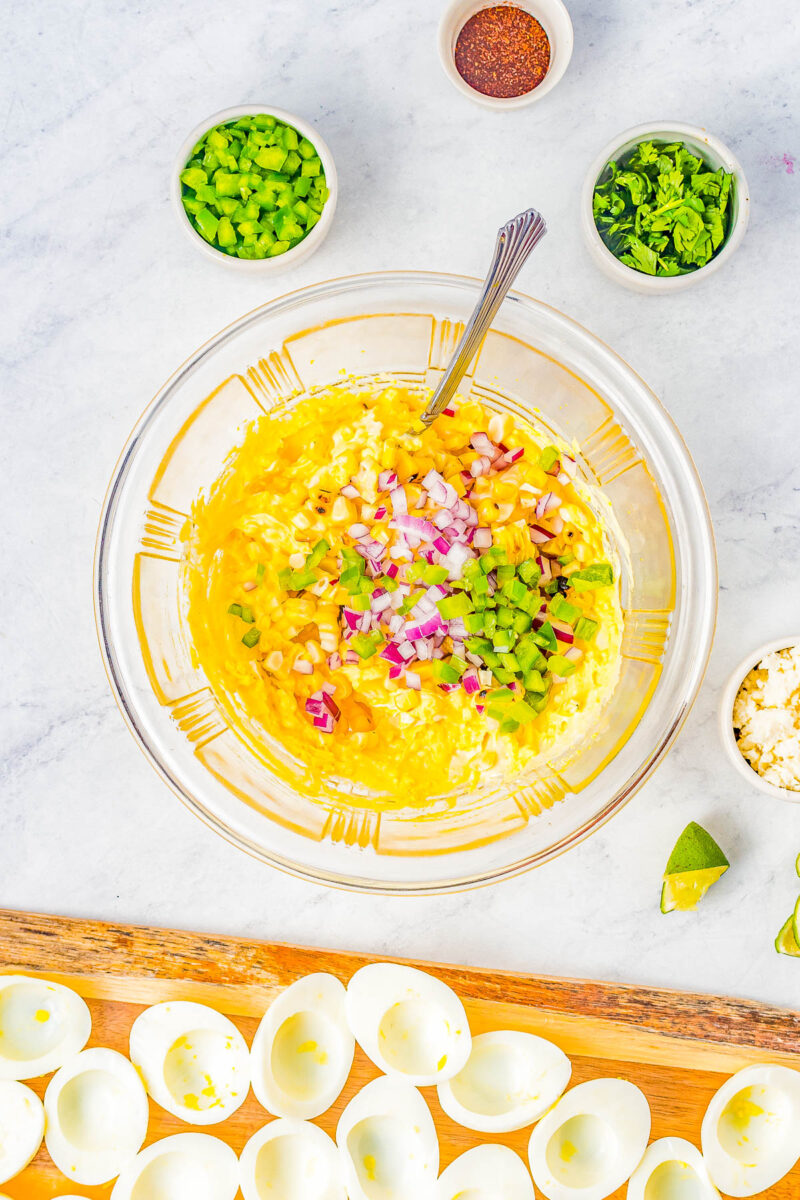 Mexican Street Corn Deviled Eggs filling in a bowl.
