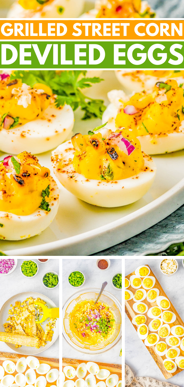 Mexican Street Corn Deviled Eggs - Deviled eggs get a south-of-the-border makeover by incorporating grilled Mexican street corn, jalapeno, red onion, cilantro, lime juice, queso fresco, and chili powder! This is an EASY appetizer or picnic recipe that everyone adores! Serve these at your next summer event including Memorial Day, Father's Day, Fourth of July, or make them for game day parties!