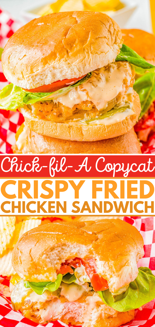 Crispy Chicken Sandwich - This EASY copycat Chick-Fil-A chicken sandwich has tender breaded and fried chicken that's crispy, crunchy, and perfectly juicy! The chicken is sandwiched in between toasted buns with a spicy mayo sauce just like the restaurant's! This is the ULTIMATE finger-lickin' good comfort food fried chicken sandwich recipe! 