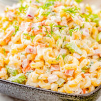 Classic Macaroni Salad with ham in a bowl.