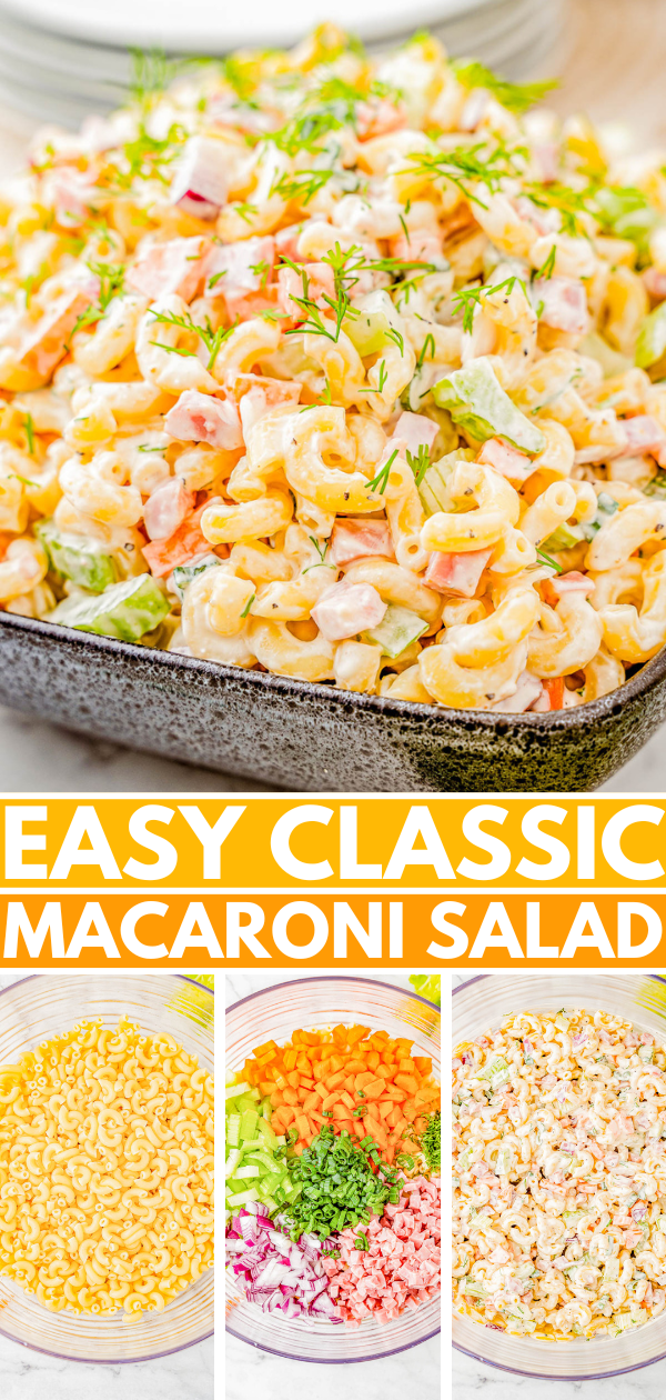Classic Macaroni Salad - This fast and easy pasta salad recipe with tender elbow macaroni, bell peppers, carrots, celery, ham, and a super creamy dressing is a family FAVORITE! You can make it up to a day in advance if you want to get ahead and serve it at your next casual get together, backyard barbecue, picnic, potluck, or weeknight family dinner! Everyone always wants seconds!