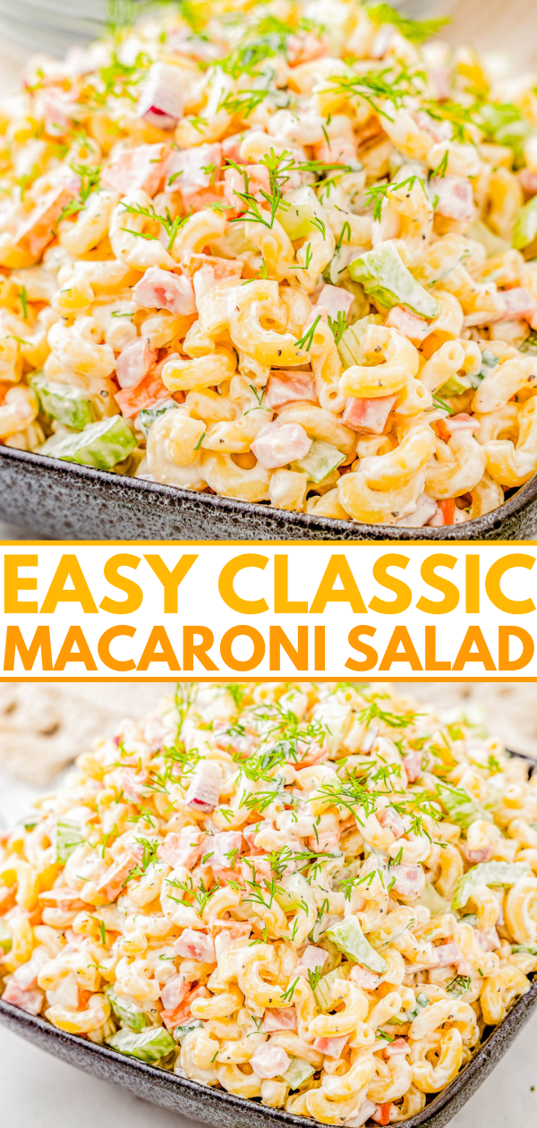 Classic Macaroni Salad - This fast and easy pasta salad recipe with tender elbow macaroni, bell peppers, carrots, celery, ham, and a super creamy dressing is a family FAVORITE! You can make it up to a day in advance if you want to get ahead and serve it at your next casual get together, backyard barbecue, picnic, potluck, or weeknight family dinner! Everyone always wants seconds!  