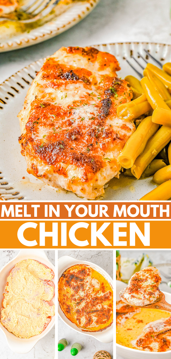 Melt In Your Mouth Chicken - This FAST and EASY baked chicken recipe transforms chicken breasts into a new dinner time FAVORITE! Tender, juicy, saucy chicken with a Parmesan topping that is incredibly flavorful and made with just FIVE main ingredients! This chicken is sure to literally melt in your mouth! 