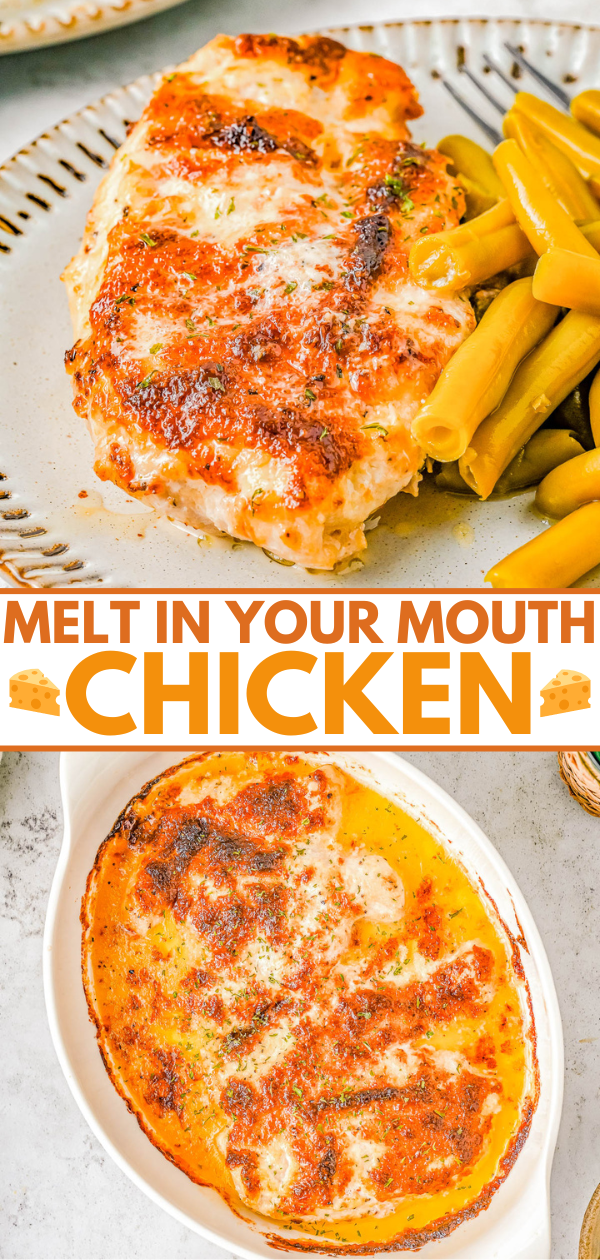 Melt In Your Mouth Chicken - This FAST and EASY baked chicken recipe transforms chicken breasts into a new dinner time FAVORITE! Tender, juicy, saucy chicken with a Parmesan topping that is incredibly flavorful and made with just FIVE main ingredients! This chicken is sure to literally melt in your mouth! 