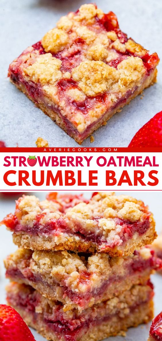 Strawberry Bars with Crumble Topping — These buttery bars are bursting with fresh strawberries! Just 10 minutes of prep, so EASY because the crust and crumble are one and the same, and a crowd FAVORITE every time!