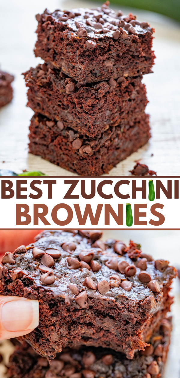 Zucchini Brownies - The BEST zucchini brownies that are EASY, made in one bowl, and no mixer required! Soft, fudgy, and almost taste like rich chocolate cake. They're filled and topped with mini chocolate chips to add even more fabulous chocolate flavor. And NO, you cannot taste the zucchini at all - promise! 