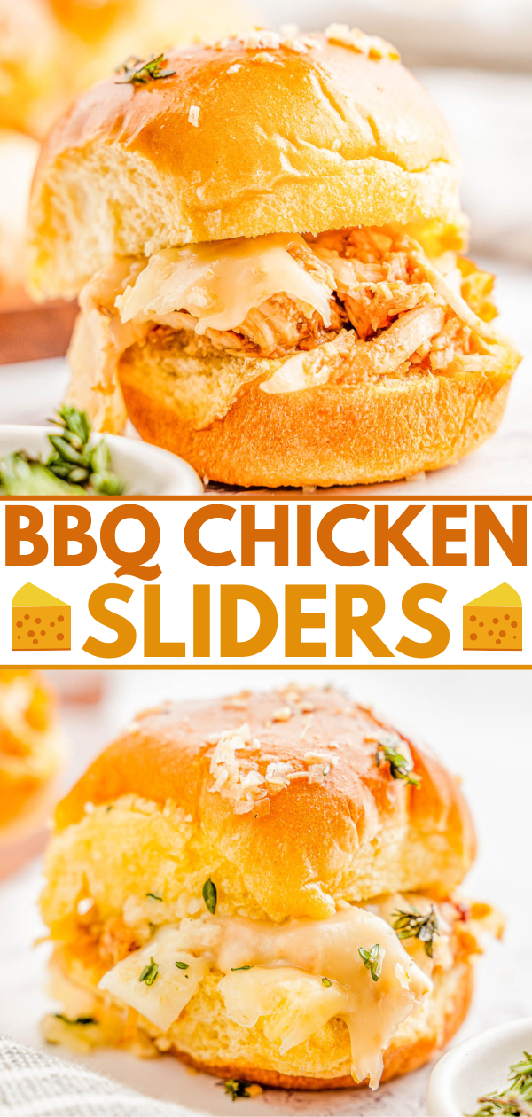 Barbecue Chicken Sliders - These FAST and EASY sliders are made with shredded chicken, smothered in tangy barbecue sauce, sandwiched between soft slider buns with cheese, and baked until warm! These pull-apart sandwiches are perfect for parties, game days, or any casual gathering where a simple appetizer or snack is needed!