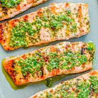Four Grilled Chimichurri Salmon filets.