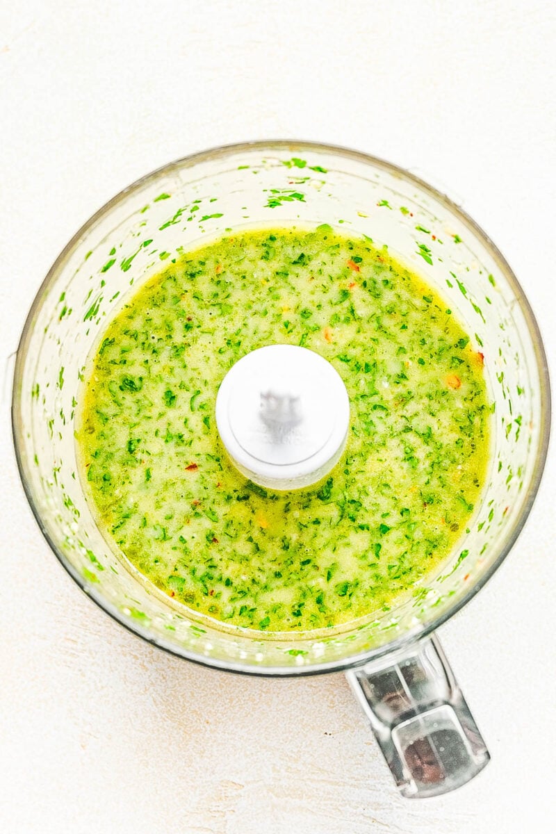 Grilled Chimichurri sauce in a food processor.
