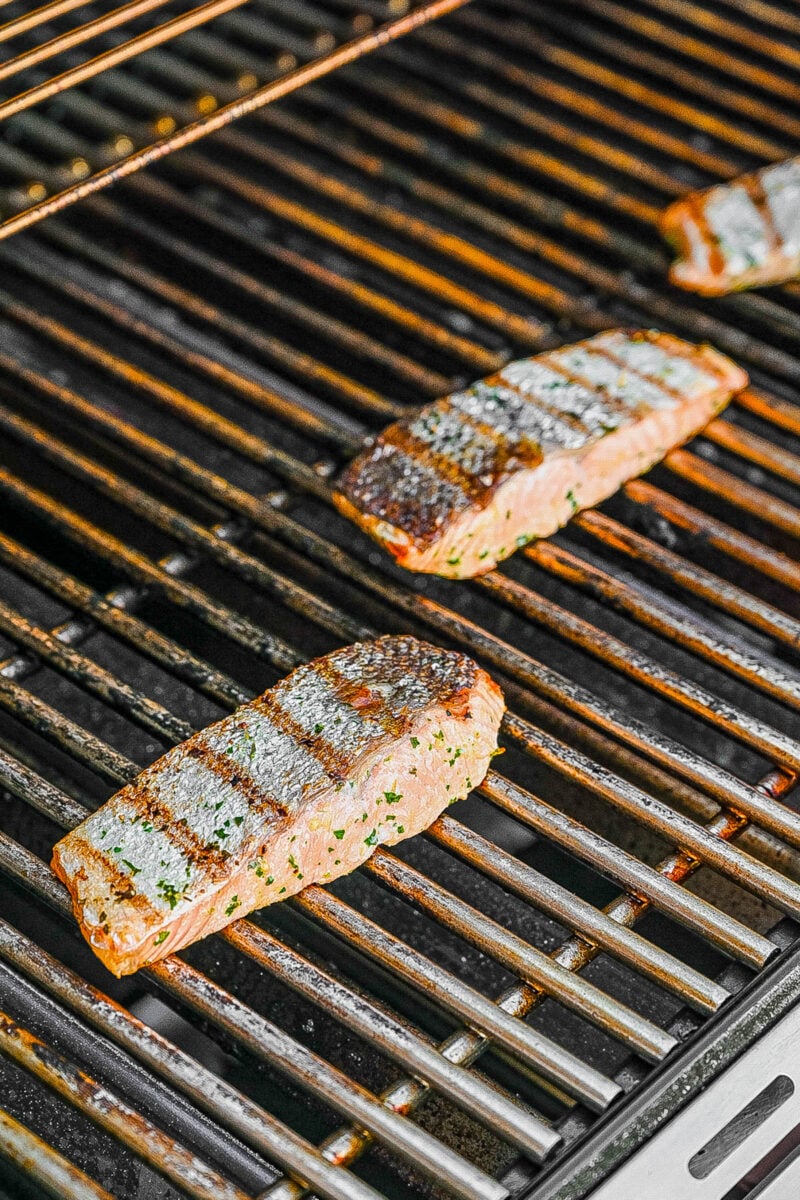 Chimichurri Sauce Salmon on a grill.