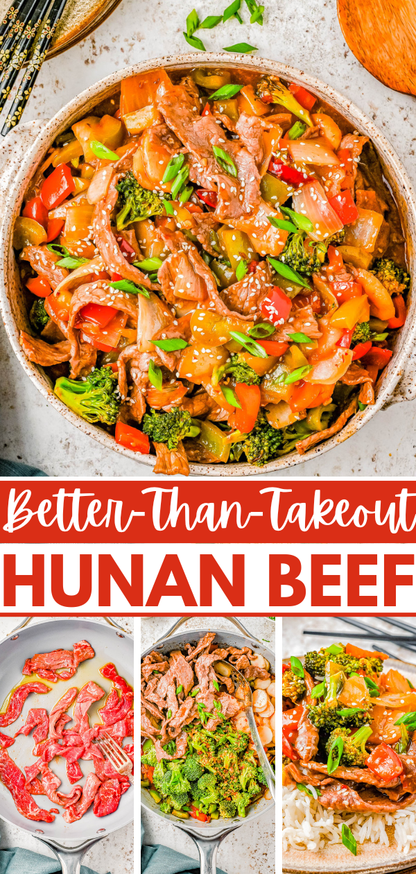 Better-Than-Takeout Easy Hunan Beef — Skip the takeout and make this popular Chinese-inspired recipe at home! Hunan-style beef is spicy, sweet, tangy, and loaded with tender slices of beef and veggies. Best of all, it’s ready in just 40 minutes! 
