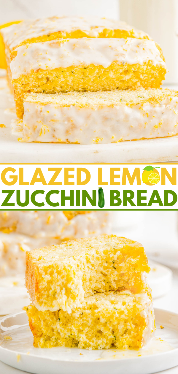 Glazed Lemon Zucchini Bread - This EASY, no-mixer homemade quick bread combines tangy lemon flavor with tender zucchini which keeps it so incredibly soft, tender, and moist! Topped with a simple lemon glaze, this bread is not overly sweet. It's PERFECT for breakfast, brunch, as a snack, or as a lighter summer dessert!