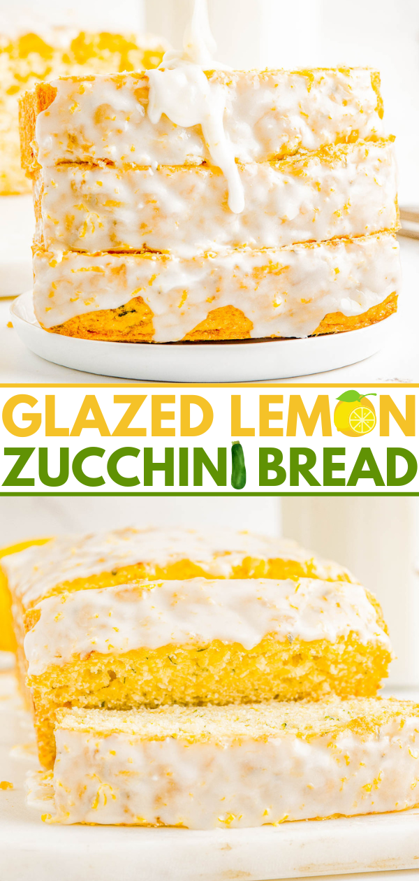 Glazed Lemon Zucchini Bread - This EASY, no-mixer homemade quick bread combines tangy lemon flavor with tender zucchini which keeps it so incredibly soft, tender, and moist! Topped with a simple lemon glaze, this bread is not overly sweet. It's PERFECT for breakfast, brunch, as a snack, or as a lighter summer dessert!