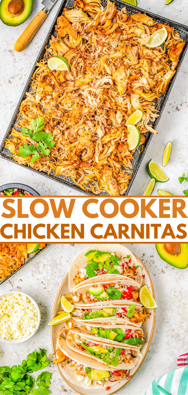 Slow Cooker Chicken Carnitas - These EASY and flavorful chicken carnitas are seasoned with Mexican spices, citrus juices, chipotle peppers in adobo and slow-cooked to PERFECTION! A quick trip under the broiler ensures those traditional crispy bits and then it's ready to use in tacos, burritos, salads, or other Mexican-inspired dishes for a simple but family FAVORITE weeknight dinner! 