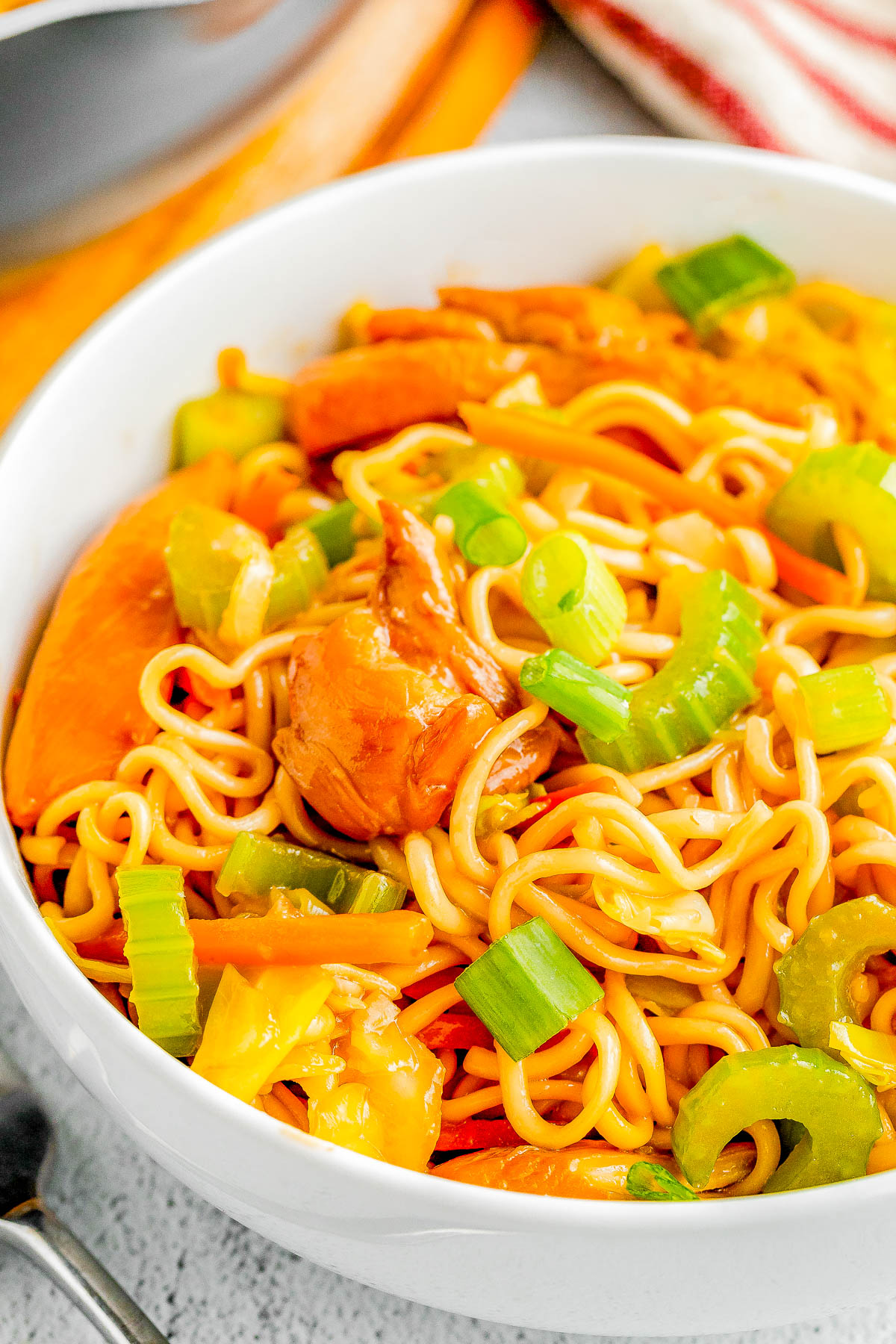 Chicken Chow Mein — Chewy chow mein noodles, crisp-tender veggies, and juicy chicken are stir-fried in a sesame-soy sauce! It’s a SIMPLE and FAST recipe that anyone can make. It's cheaper than ordering take out, your family will be impressed, and you'll love how EASY it is to prepare!