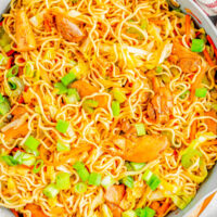 Chicken Chow Mein — Chewy chow mein noodles, crisp-tender veggies, and juicy chicken are stir-fried in a sesame-soy sauce! It’s a SIMPLE and FAST recipe that anyone can make. It's cheaper than ordering take out, your family will be impressed, and you'll love how EASY it is to prepare!