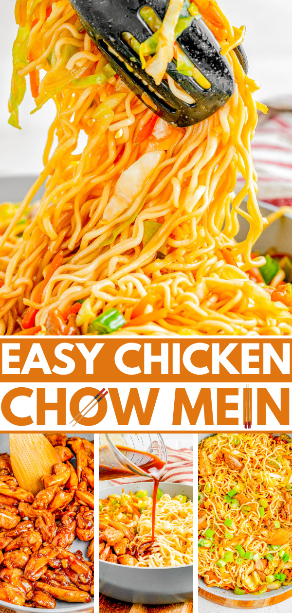Chicken Chow Mein — Chewy chow mein noodles, crisp-tender veggies, and juicy chicken are stir-fried in a sesame-soy sauce! It’s a SIMPLE and FAST recipe that anyone can make. It's cheaper than ordering take out, your family will be impressed, and you'll love how EASY it is to prepare!