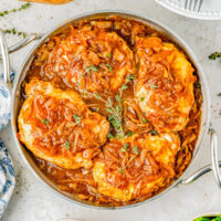 French Onion Pork Chops — If you love French onion soup, you’re going to adore these pork chops! They’re ready in under an hour and can be made in just one skillet! Elegant, EASY, and sure to be a new family FAVORITE recipe! 