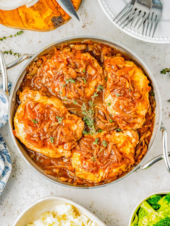 French Onion Pork Chops — If you love French onion soup, you’re going to adore these pork chops! They’re ready in under an hour and can be made in just one skillet! Elegant, EASY, and sure to be a new family FAVORITE recipe! 